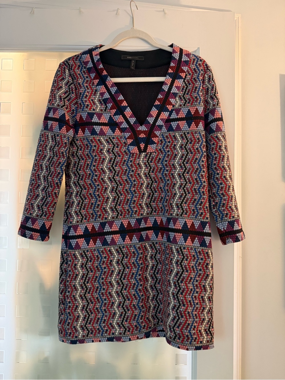 Patterned V-Neck Knit Dress - Multicolor